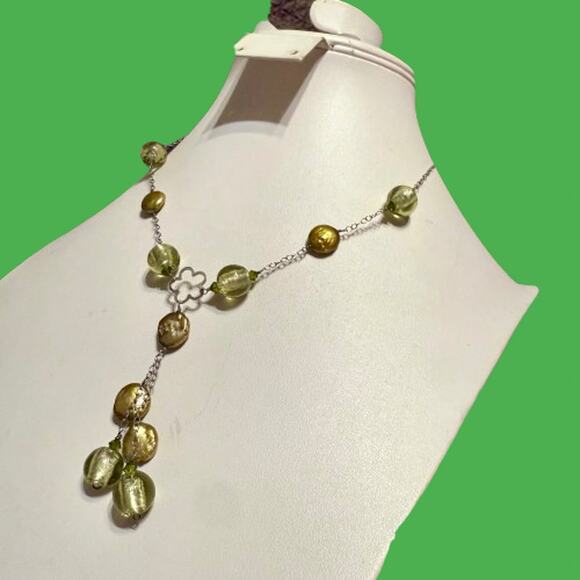 Sterling Silver Glass Mother of Pearl Lariat Chain Necklace - Picture 1 of 9